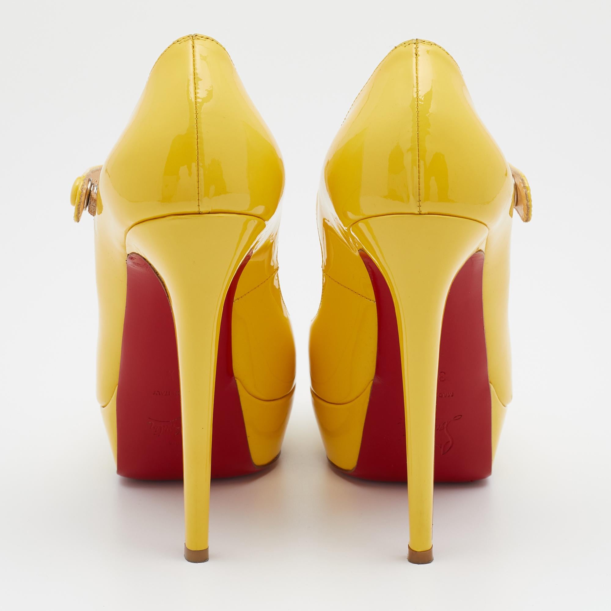 Christian Louboutin Yellow Leather Zeppa Mary Jane Pumps Size  38.5 In Good Condition For Sale In Dubai, Al Qouz 2