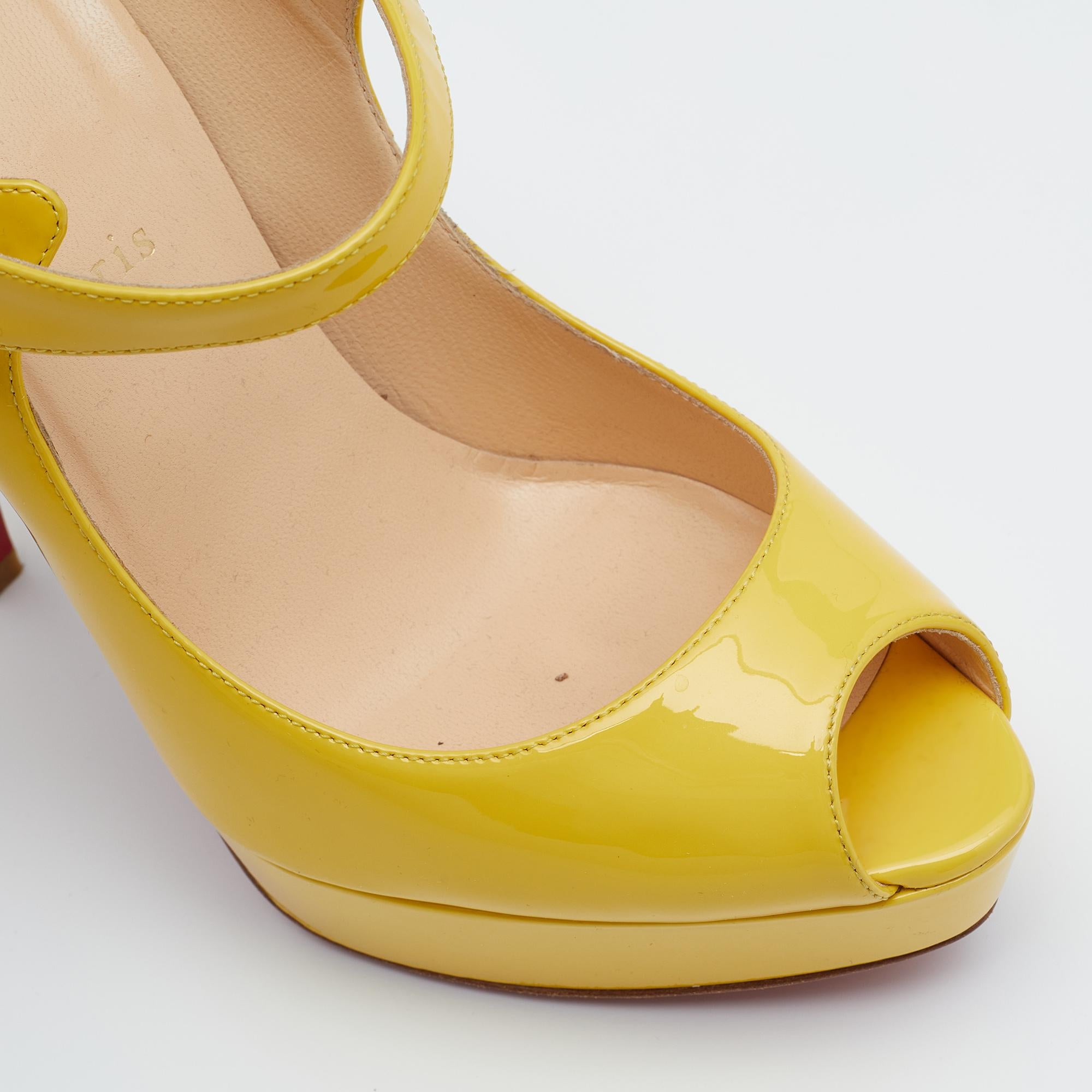 Women's Christian Louboutin Yellow Leather Zeppa Mary Jane Pumps Size  38.5 For Sale