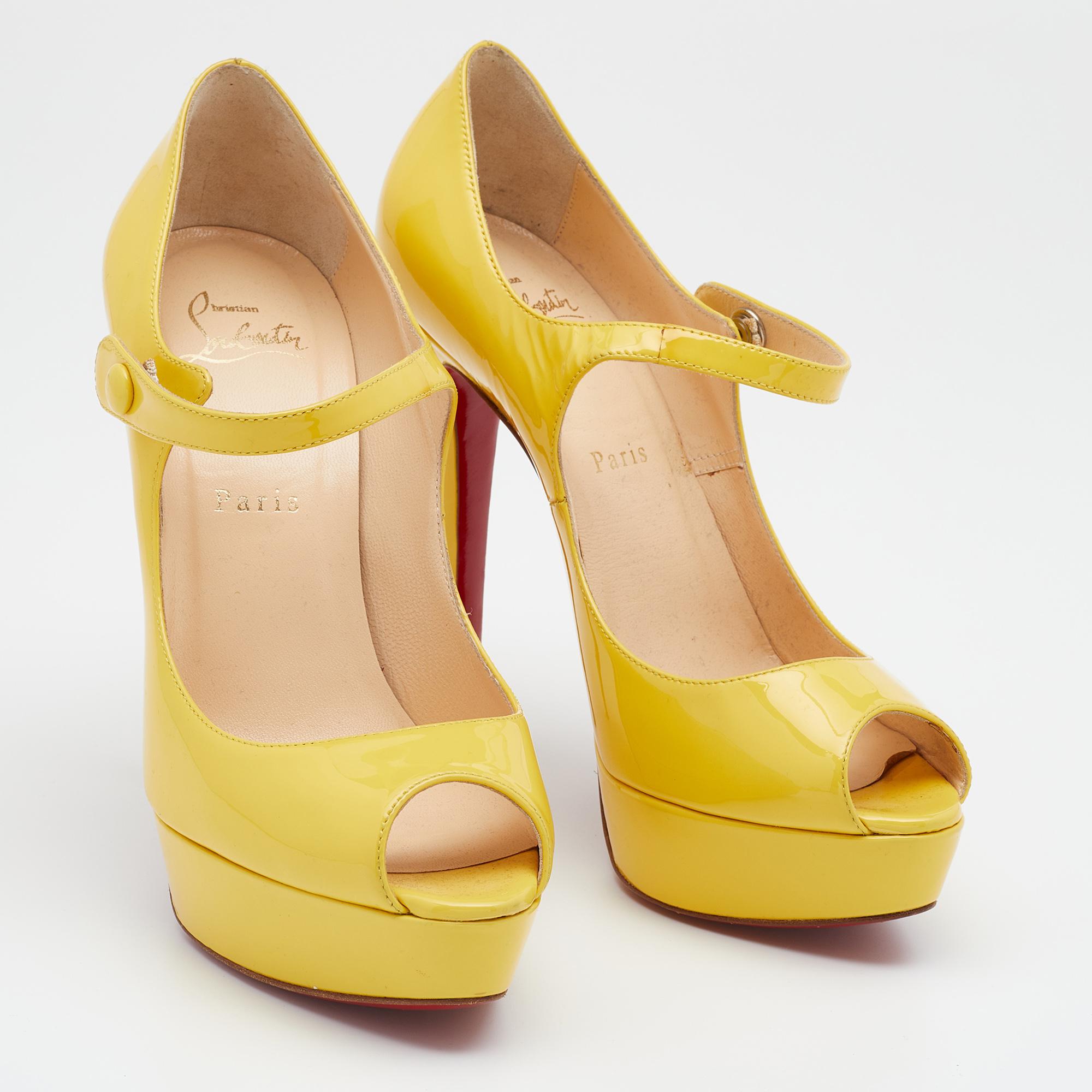 Christian Louboutin Yellow Leather Zeppa Mary Jane Pumps Size  38.5 For Sale 1