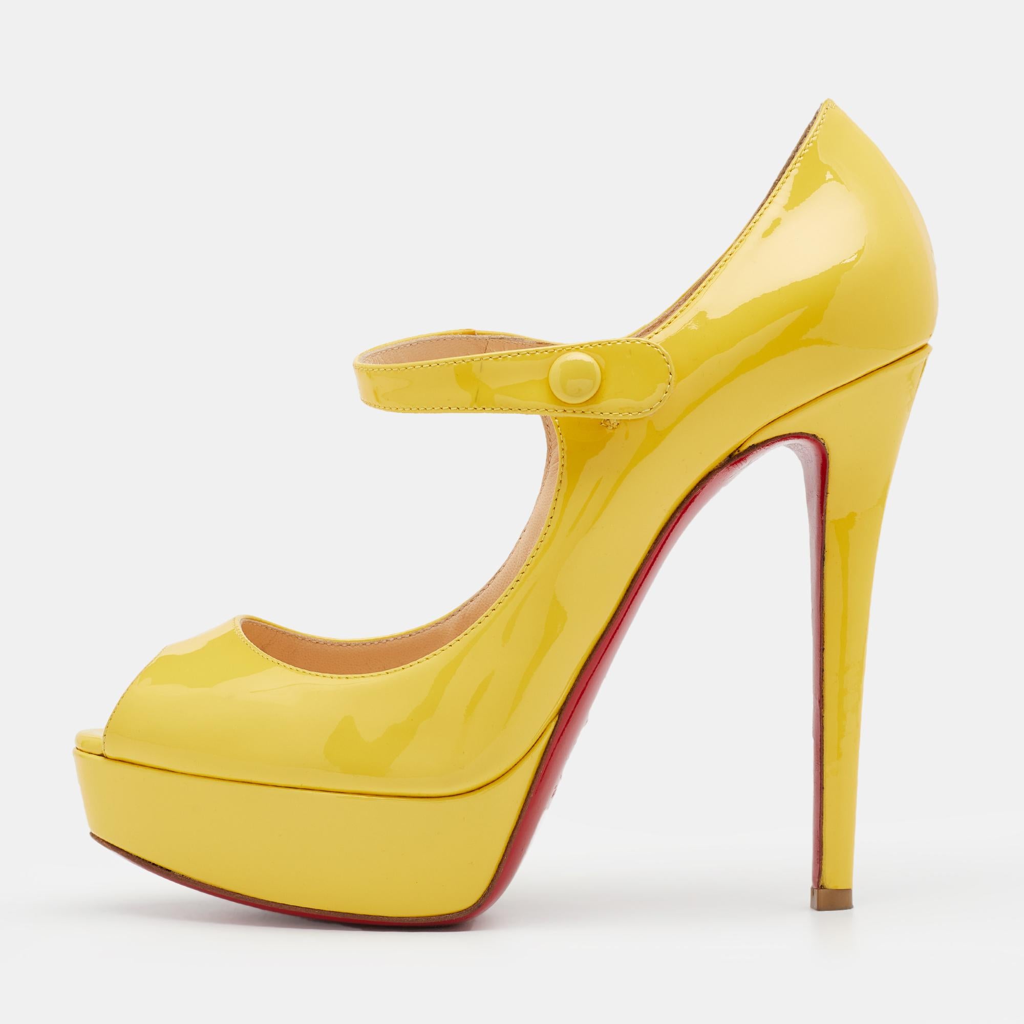 Christian Louboutin Yellow Leather Zeppa Mary Jane Pumps Size  38.5 For Sale 2