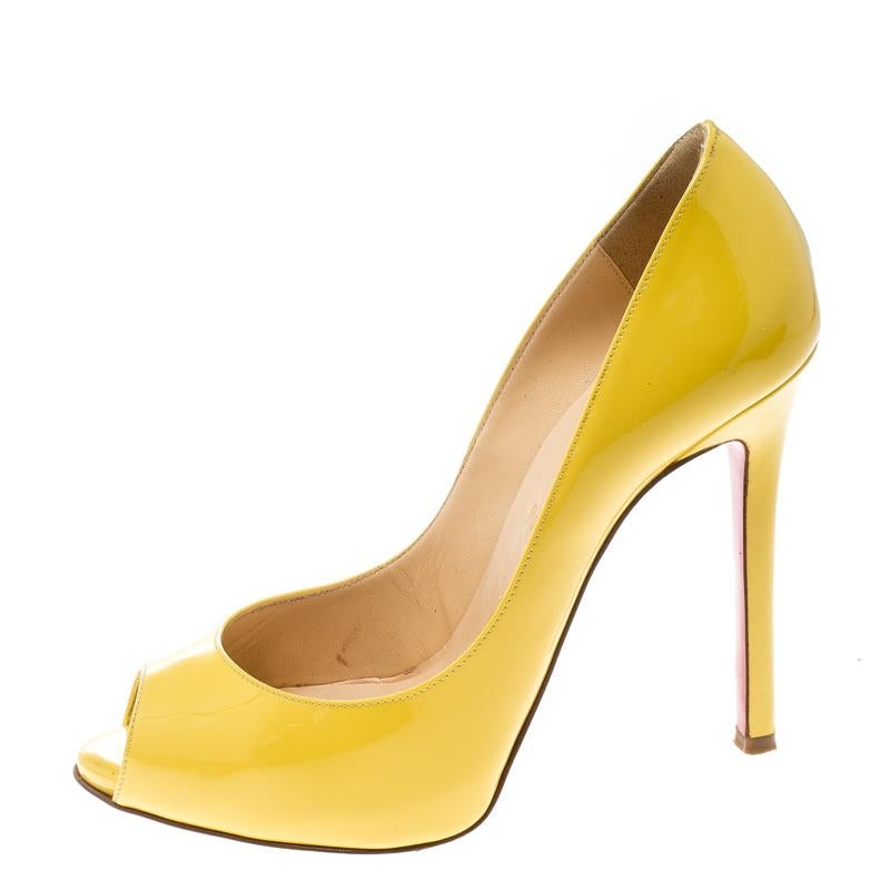 Christian Louboutin Yellow Patent Leather Flo Peep Toe Pumps Size 36.5 1