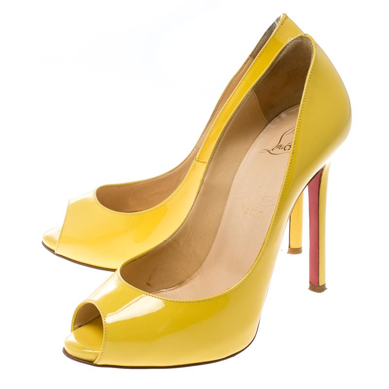 Christian Louboutin Yellow Patent Leather Flo Peep Toe Pumps Size 36.5 2