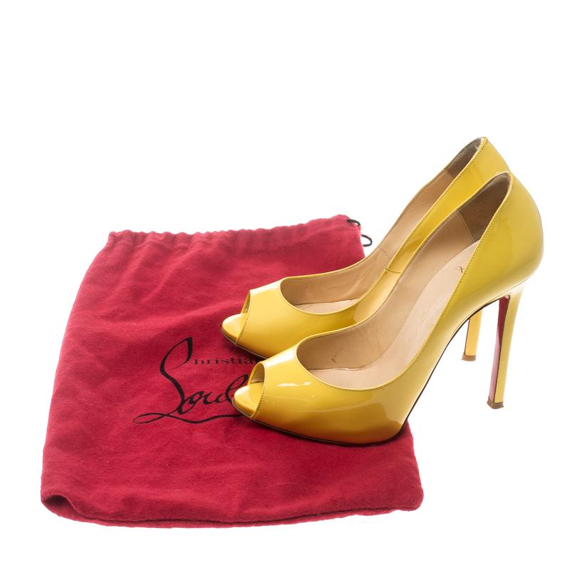 Christian Louboutin Yellow Patent Leather Flo Peep Toe Pumps Size 36.5 4