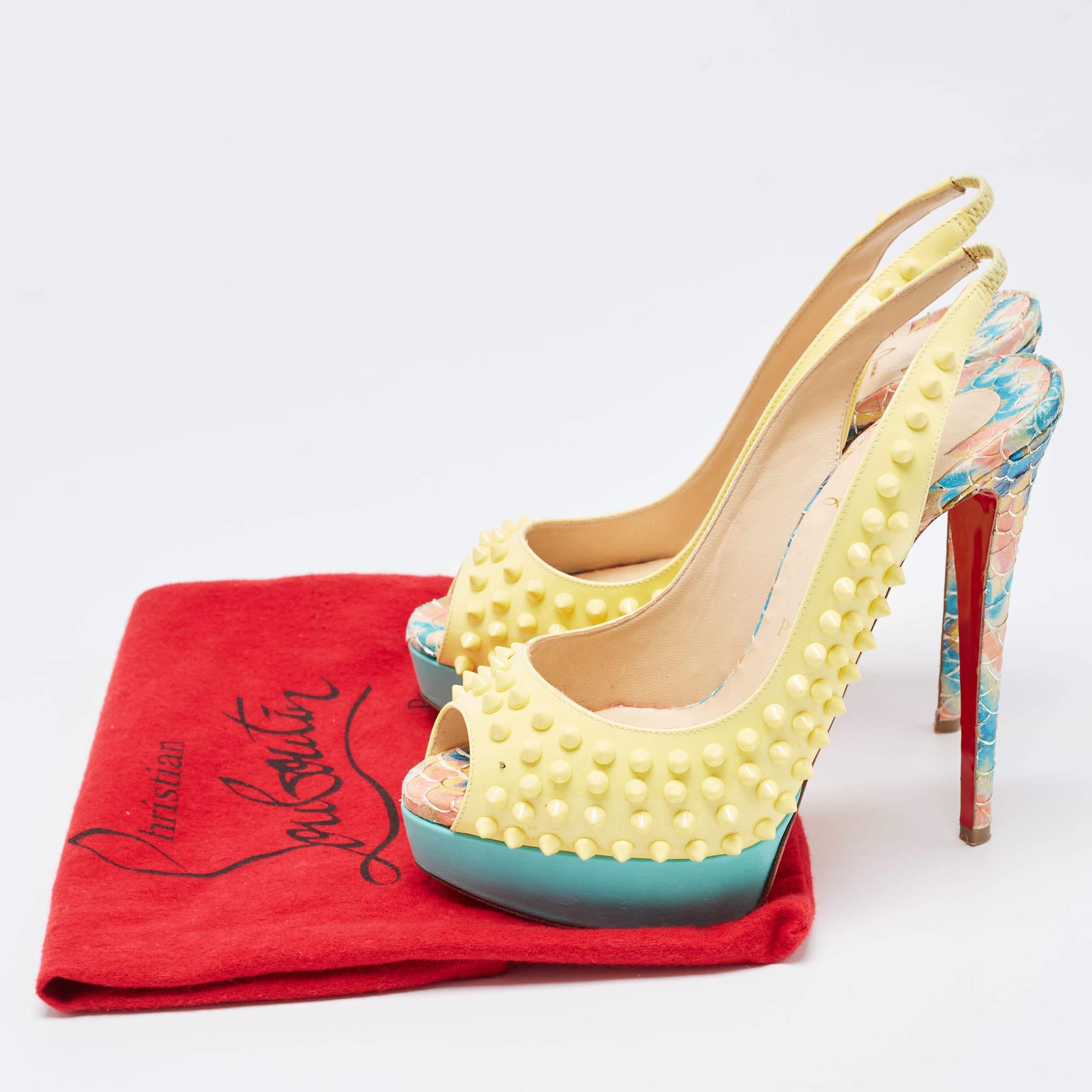 Christian Louboutin Yellow Patent Leather Lady Peep Spike Slingback Pumps Size 3 For Sale 5