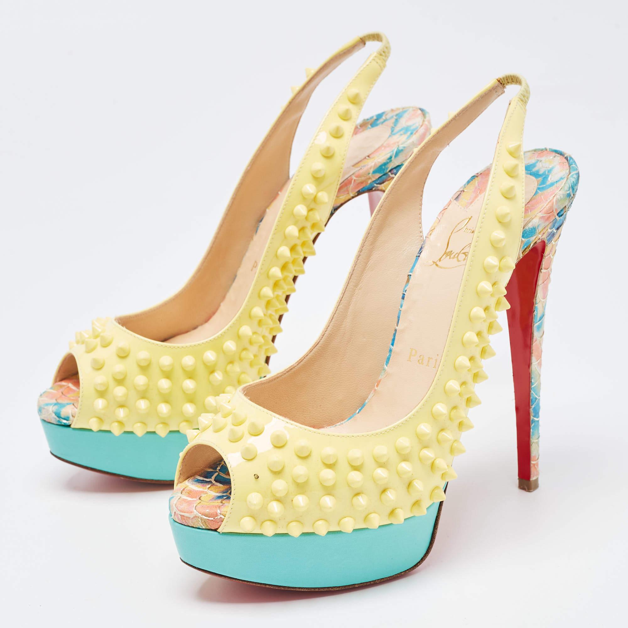 Christian Louboutin Yellow Patent Leather Lady Peep Spike Slingback Pumps Size 3 For Sale 2