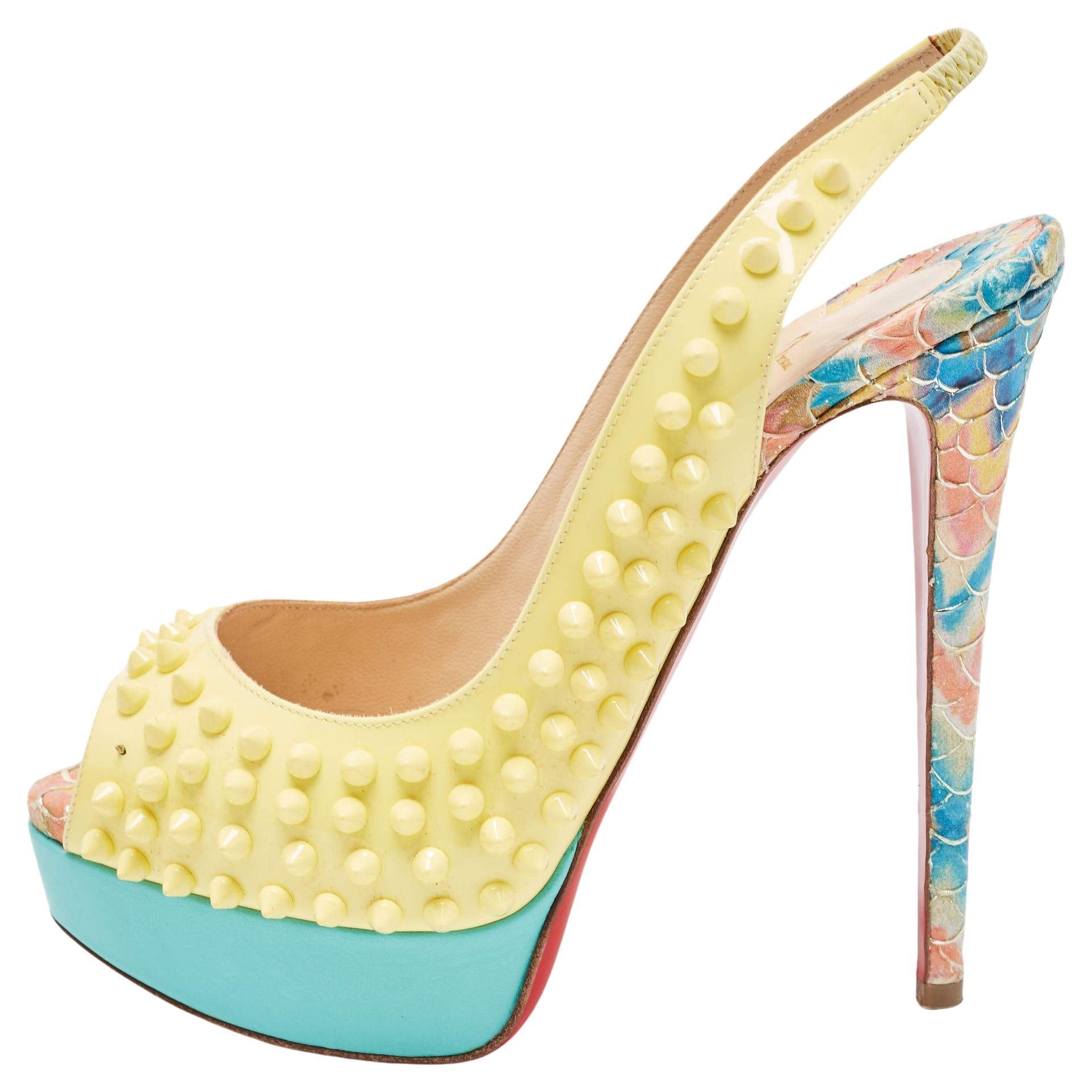 Christian Louboutin Yellow Patent Leather Lady Peep Spike Slingback Pumps Size 3 For Sale