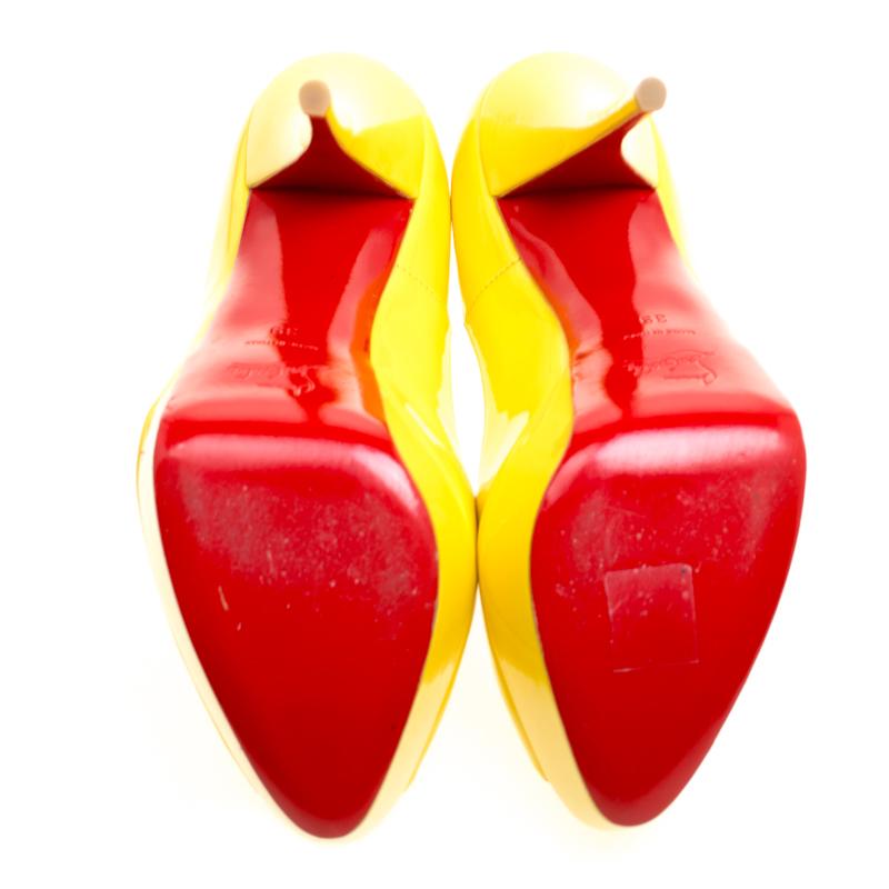 Women's Christian Louboutin Yellow Patent Leather Lady Peep Toe Platform Pumps Size 39