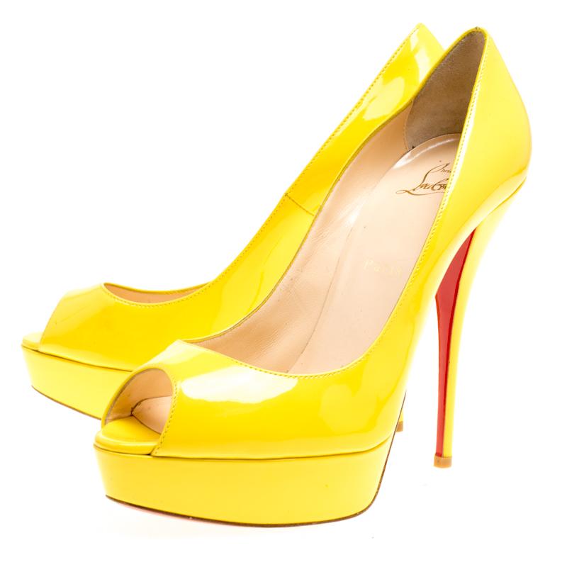 Christian Louboutin Yellow Patent Leather Lady Peep Toe Platform Pumps Size 39 1