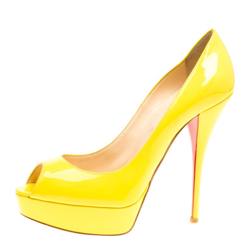 Christian Louboutin Yellow Patent Leather Lady Peep Toe Platform Pumps Size 39 4