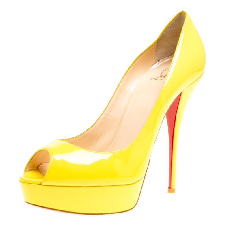 Christian Louboutin Yellow Patent Leather Lady Peep Toe Platform Pumps Size 39