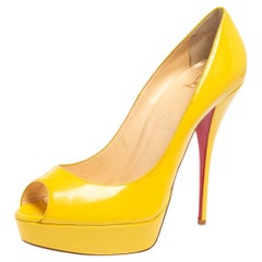 Christian Louboutin Yellow Patent Leather Lady Peep Toe Platform Pumps Size 41