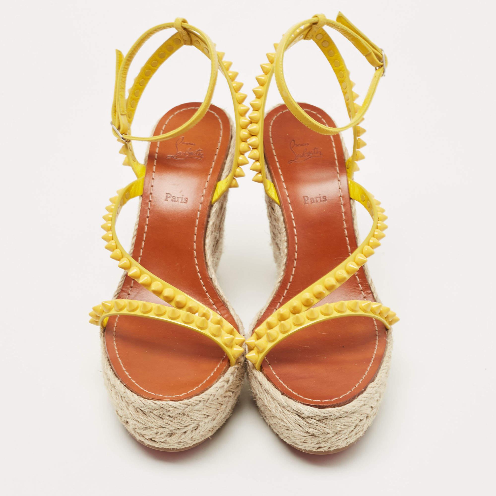 Women's Christian Louboutin Yellow Patent Leather Mafaldina Espadrille Wedge Sandals Siz For Sale