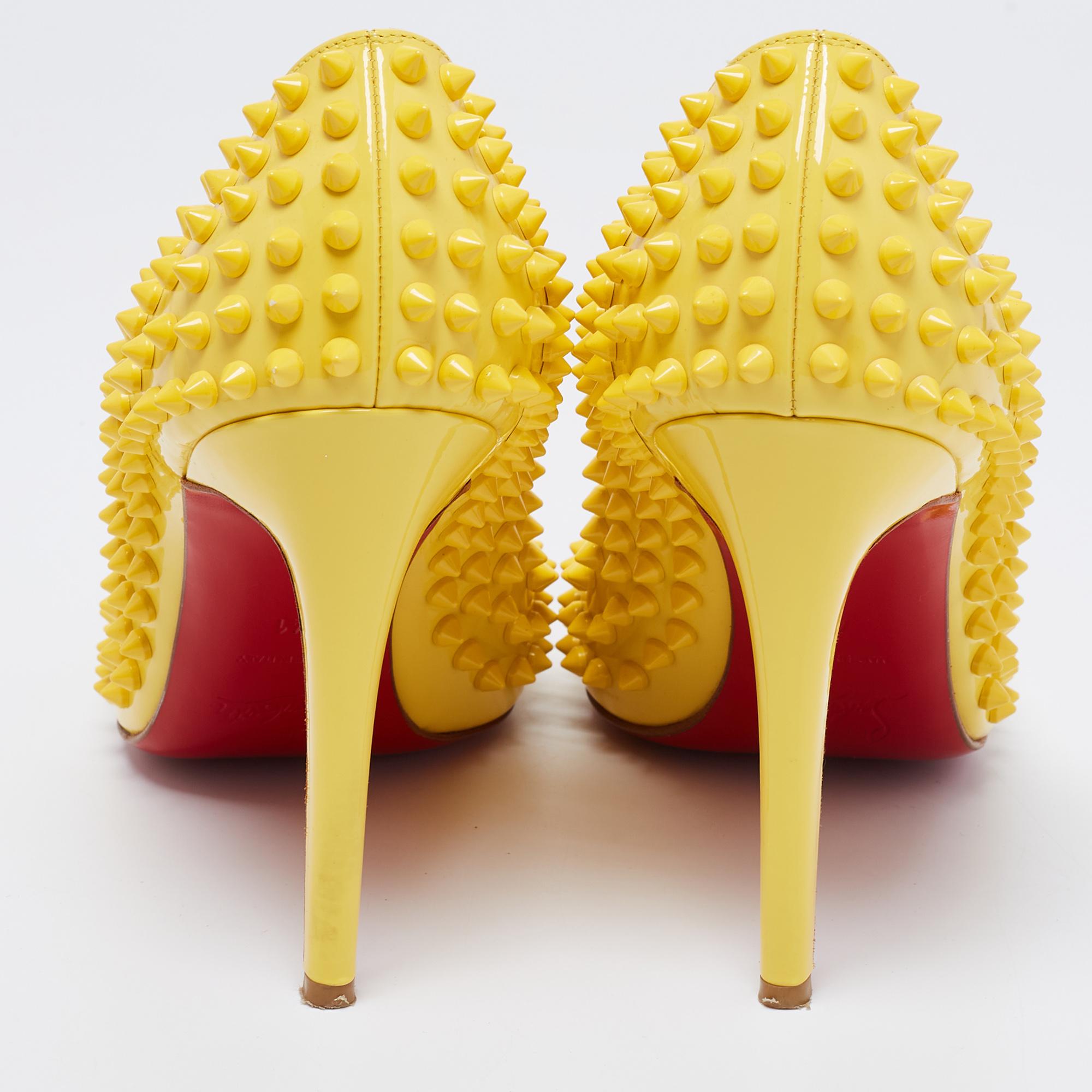 Christian Louboutin Yellow Patent Leather Pigalle Spikes Pumps Size 41 2