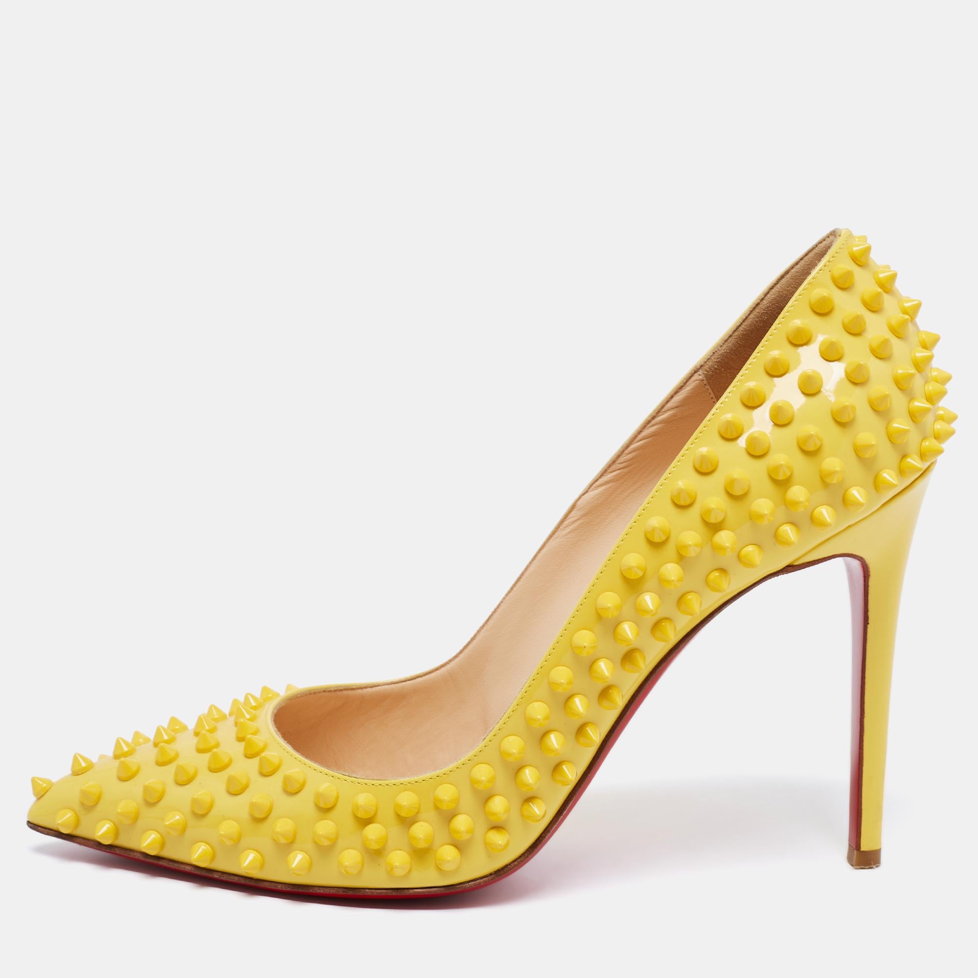 Christian Louboutin Yellow Patent Leather Pigalle Spikes Pumps Size 41 5