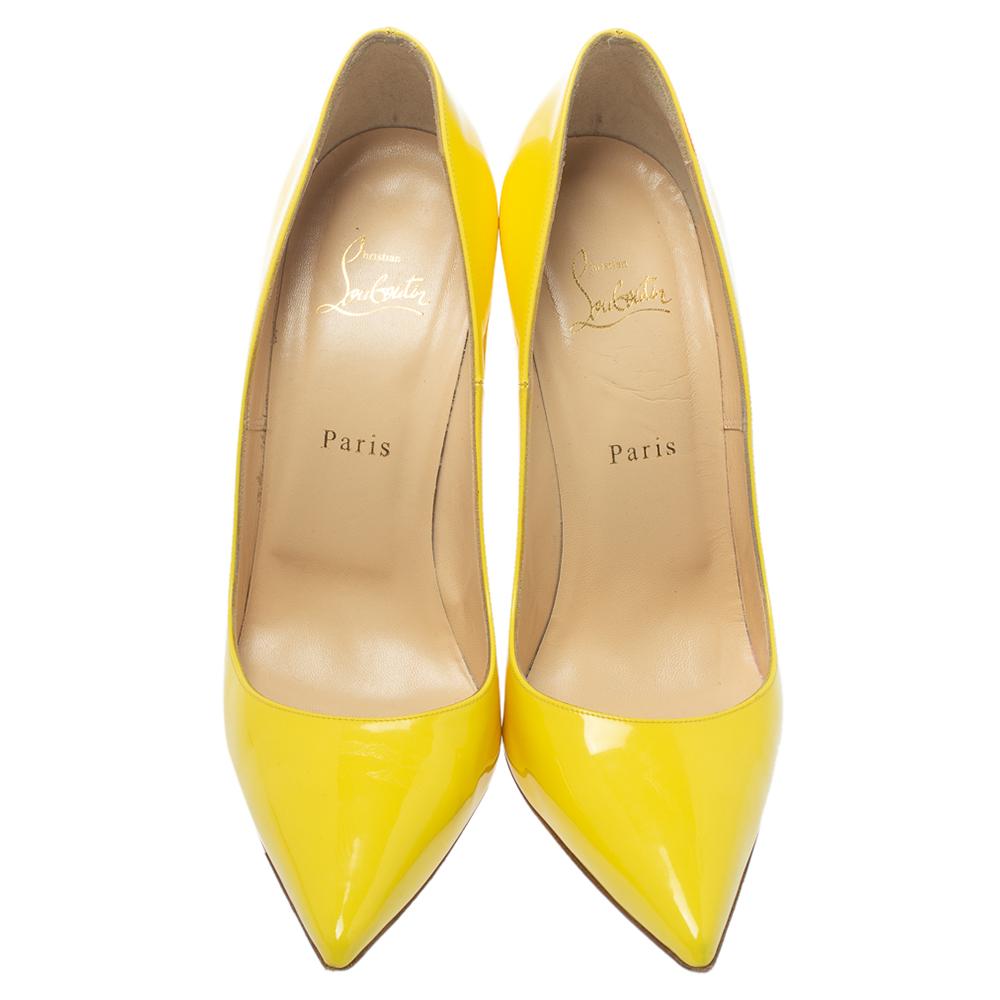 Christian Louboutin's one of the most loved styles is So Kate, named after the English model, actress, and businesswoman, Kate Moss. These So Kate pumps are rendered in yellow patent leather, flaunting well-cut vamps, pointed toes, and 12.5 cm heels