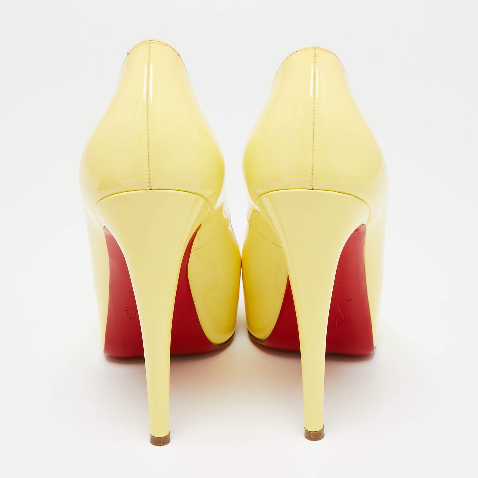 Women's Christian Louboutin Yellow Patent Leather Very Prive Peep Toe Platform Pumps Siz For Sale
