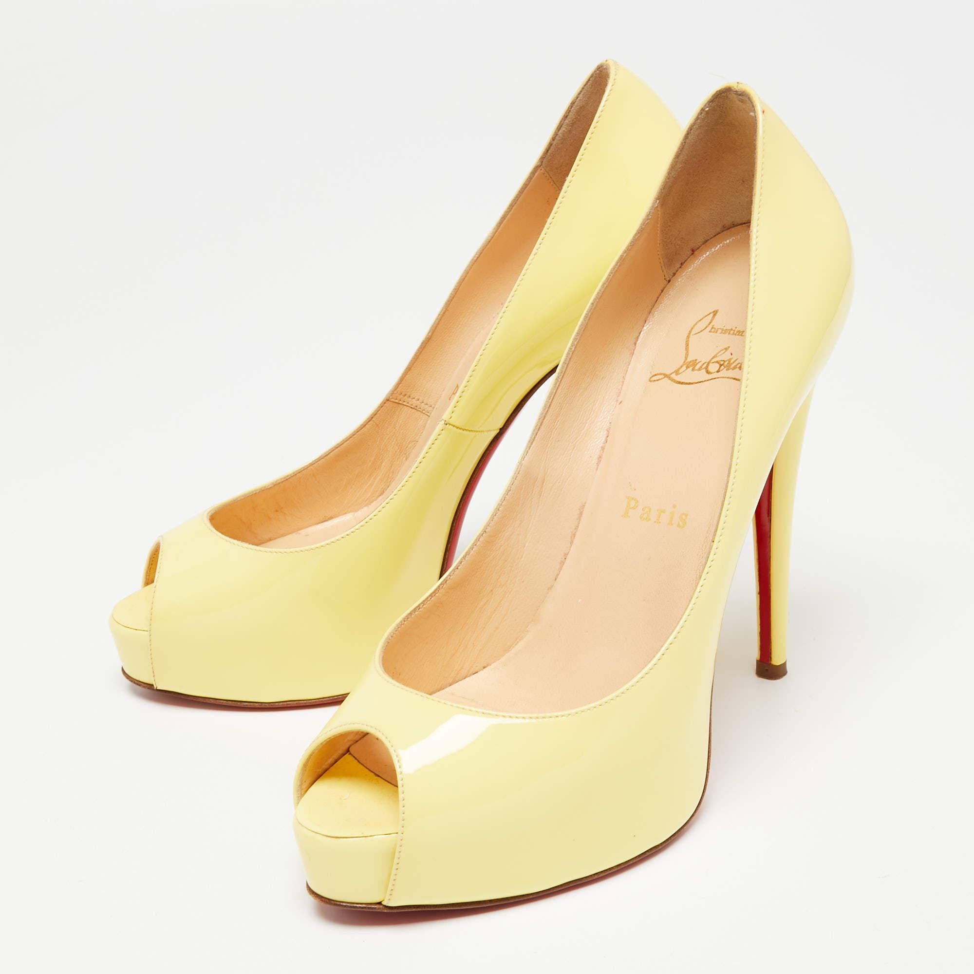 Christian Louboutin Yellow Patent Leather Very Prive Peep Toe Platform Pumps Siz For Sale 1