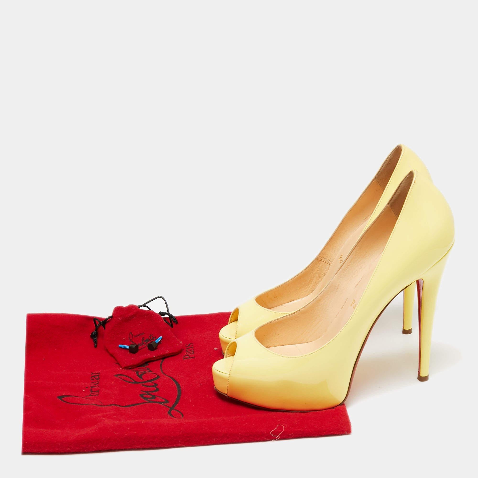Christian Louboutin Yellow Patent Leather Very Prive Peep Toe Platform Pumps Siz For Sale 5