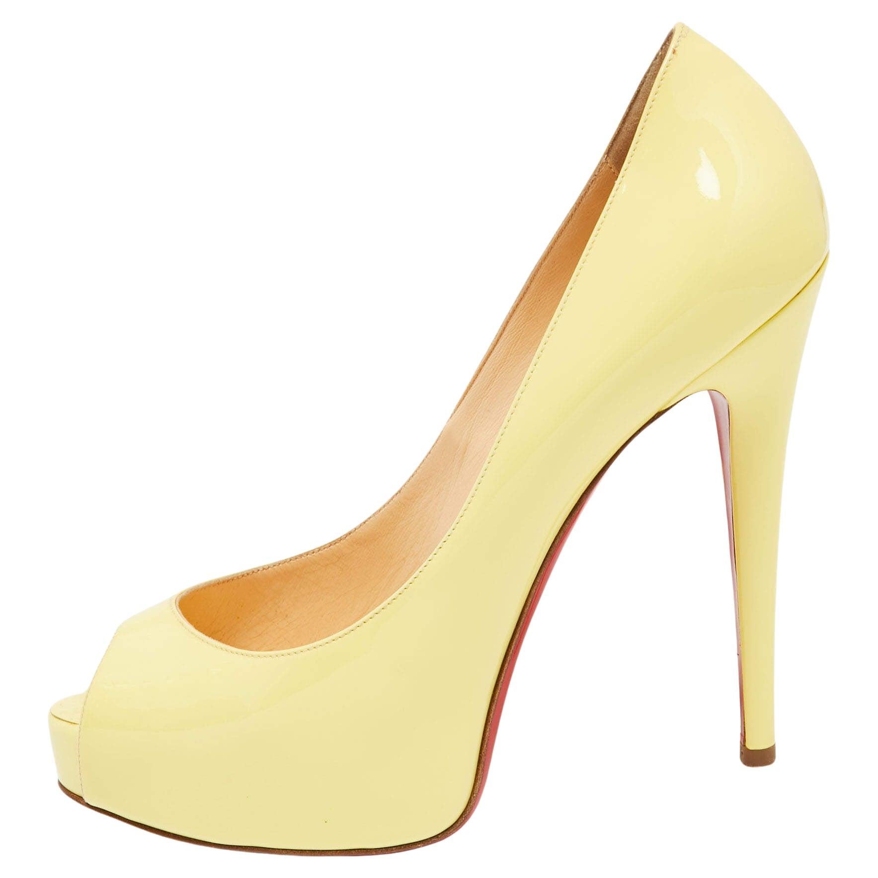 Christian Louboutin Yellow Patent Leather Very Prive Peep Toe Platform Pumps Siz For Sale