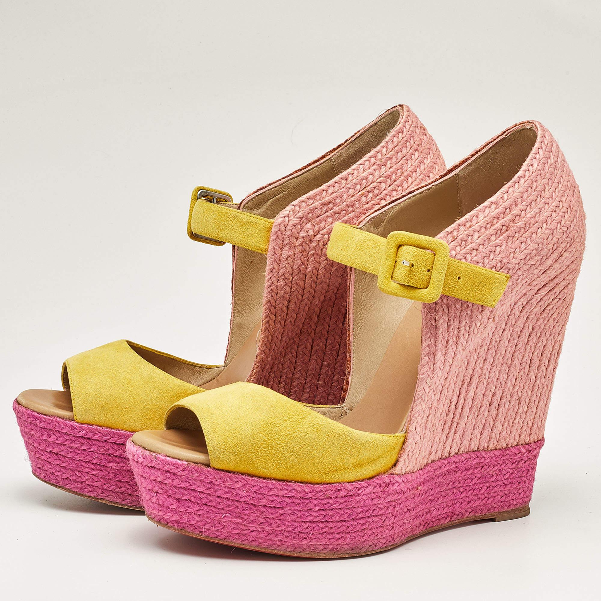 Women's Christian Louboutin Yellow/Pink Suede Praia Wedge Sandals Size 40 For Sale