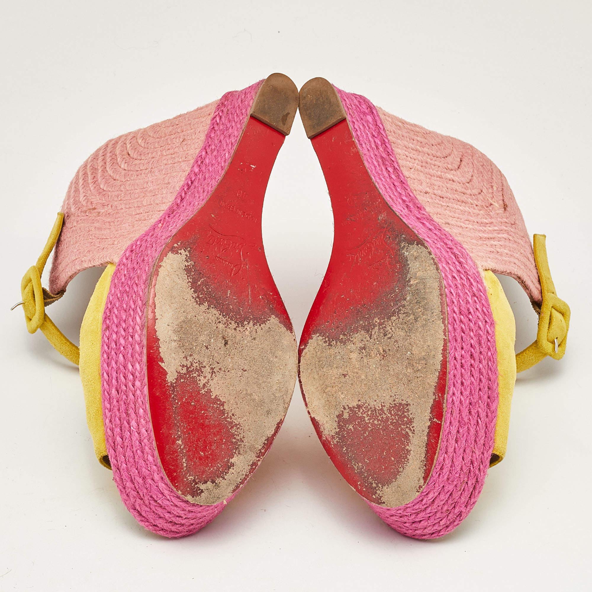Christian Louboutin Yellow/Pink Suede Praia Wedge Sandals Size 40 For Sale 4