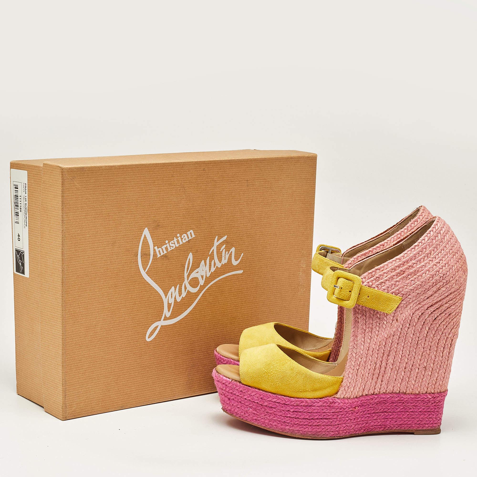 Christian Louboutin Yellow/Pink Suede Praia Wedge Sandals Size 40 For Sale 5