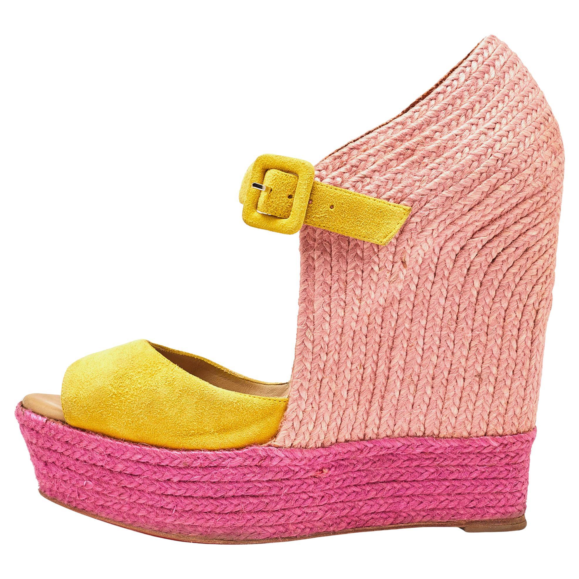 Christian Louboutin Yellow/Pink Suede Praia Wedge Sandals Size 40 For Sale