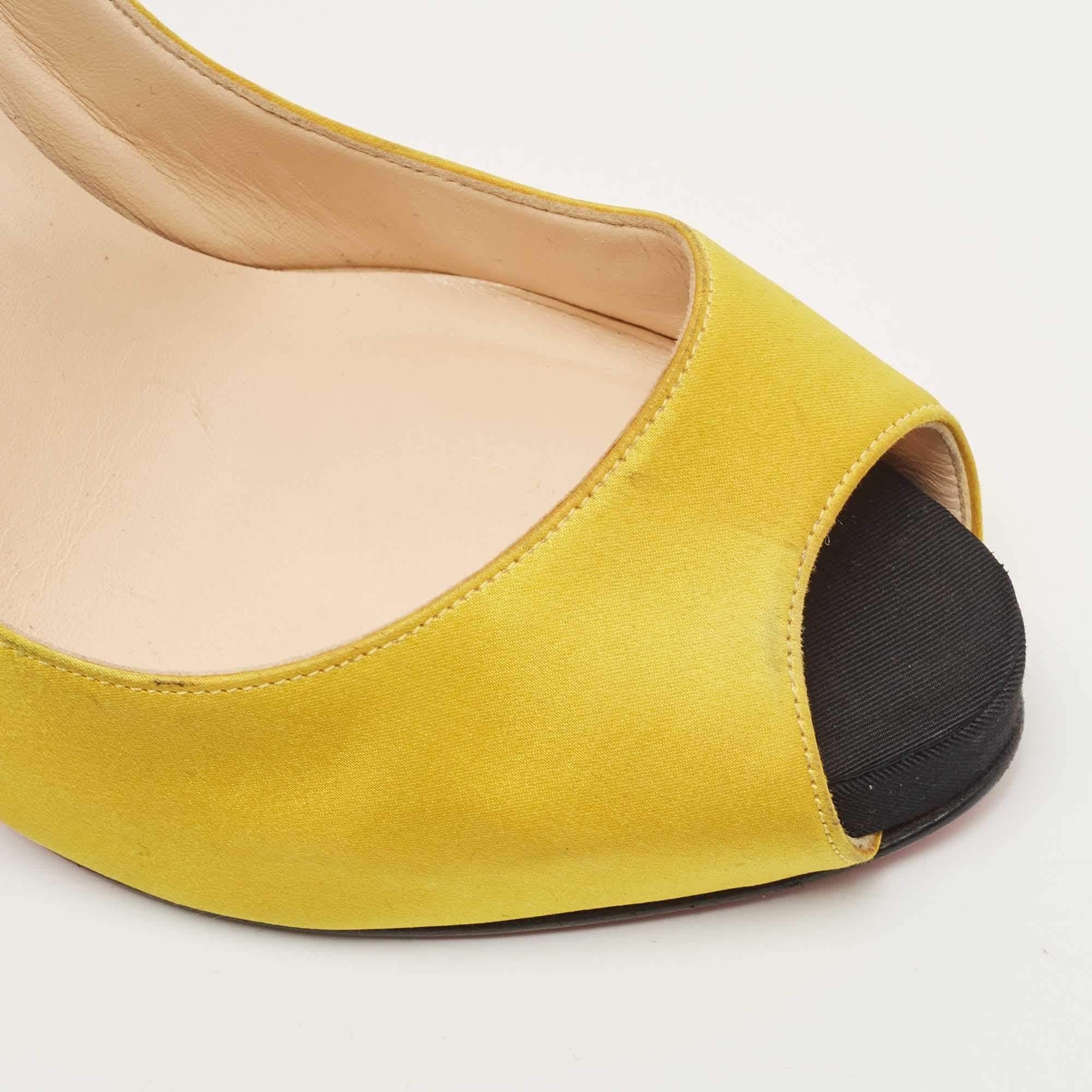 Christian Louboutin Yellow Satin Flo Platform Peep Toe Pumps Size 40 For Sale 3