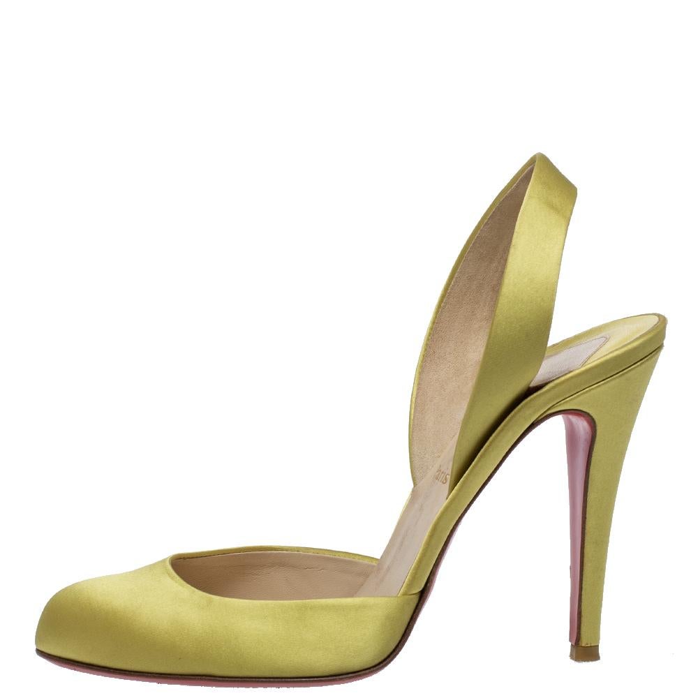 Women's Christian Louboutin Yellow Satin 'Picador' Slingback Round Toe Sandals Size 39 For Sale