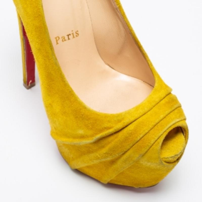 Christian Louboutin Yellow Suede Drapesse Peep-Toe Platform Pumps Size 36.5 For Sale 1
