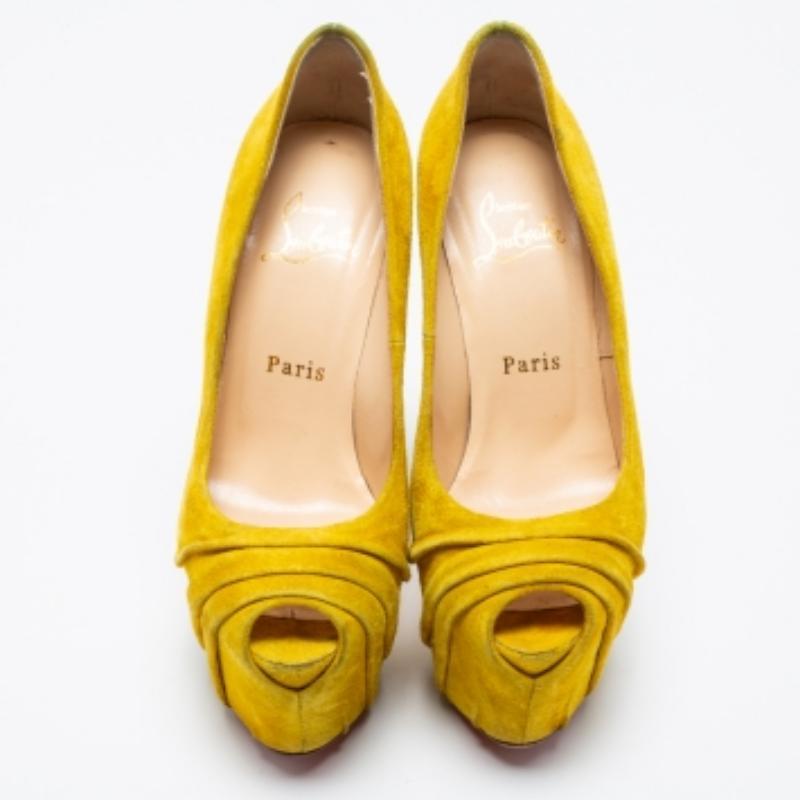 Christian Louboutin Yellow Suede Drapesse Peep-Toe Platform Pumps Size 36.5 For Sale 2