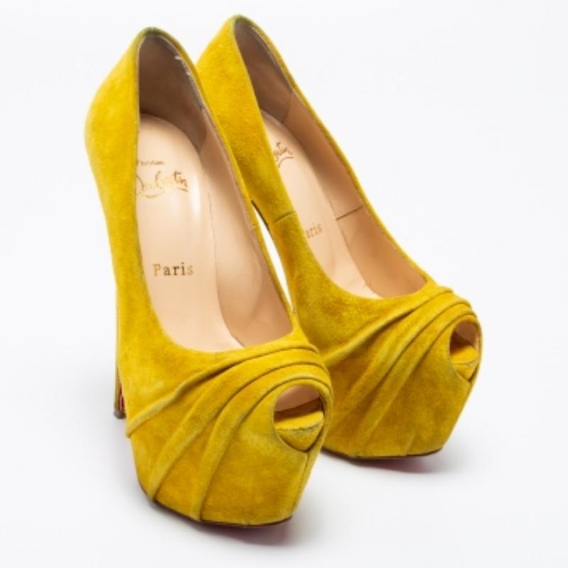 Christian Louboutin Yellow Suede Drapesse Peep-Toe Platform Pumps Size 36.5 For Sale 3