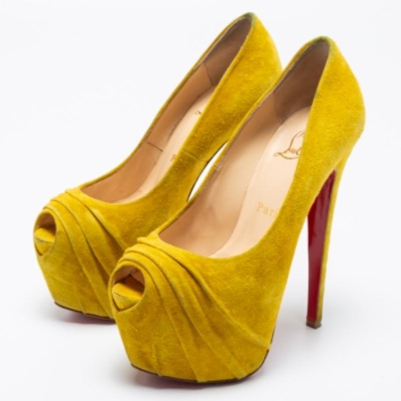 Christian Louboutin Yellow Suede Drapesse Peep-Toe Platform Pumps Size 36.5 For Sale 4