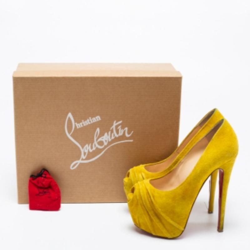 Christian Louboutin Yellow Suede Drapesse Peep-Toe Platform Pumps Size 36.5 For Sale 5