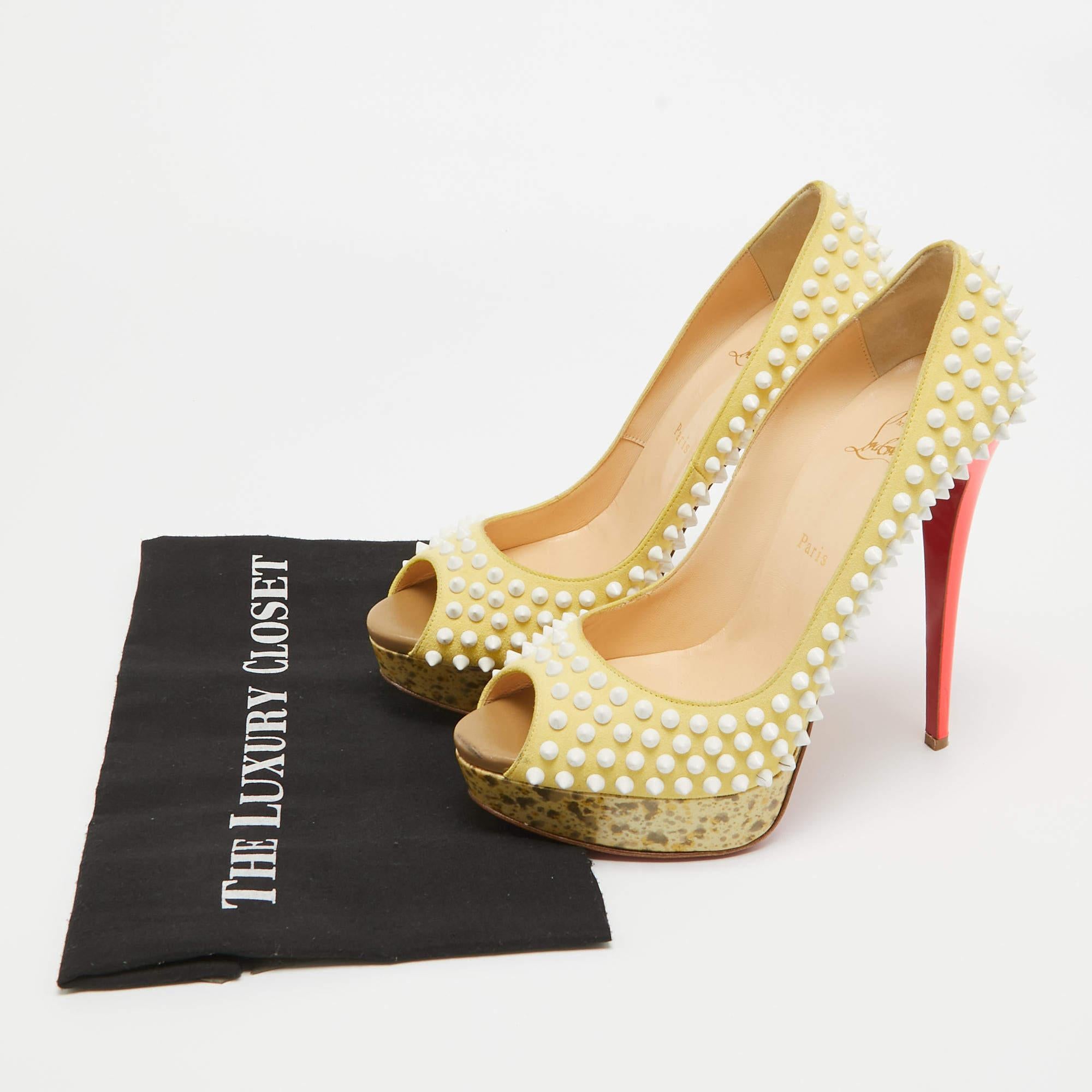 Christian Louboutin Yellow Suede Lady Peep Spikes Pumps Size 41 For Sale 3