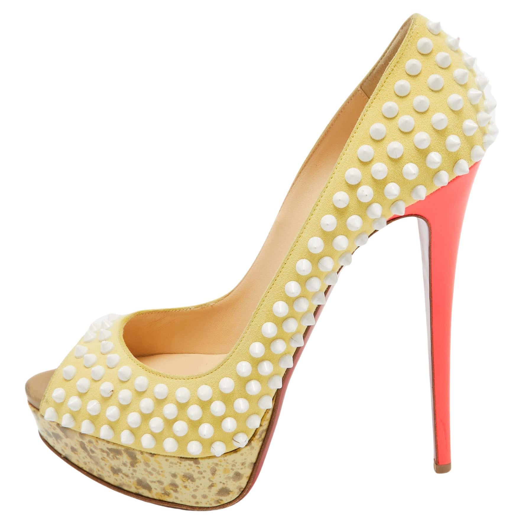 Christian Louboutin Yellow Suede Lady Peep Spikes Pumps Size 41 For Sale