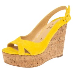 Christian Louboutin Yellow Suede Wedge Slingback Sandals Size 37