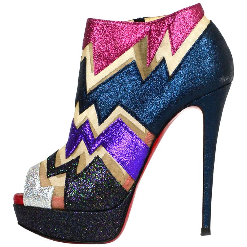 Christian Louboutin ZIGGY 150 Multi-color Glitter Platform Booties sz 38.5