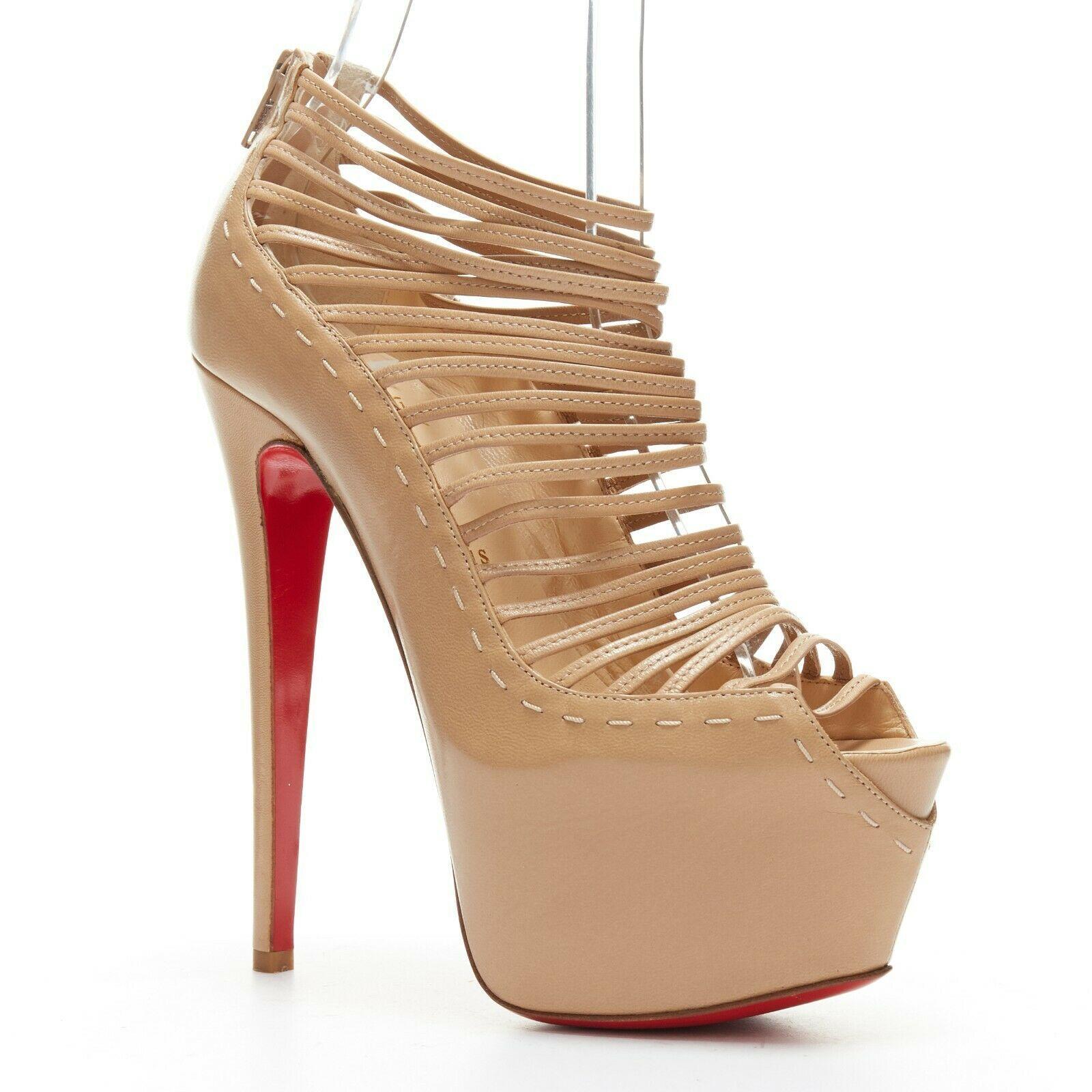 CHRISTIAN LOUBOUTIN Zoulou nude leather strappy peep toe platform pump EU39.5
CHRISTIAN LOUBOUTIN
Zoulou 160. Nude leather upper. Strappy design. Peep toe. 
Tonal overstitching detail. Concealed platform sole. 
Zip back closure. Padded tan leather