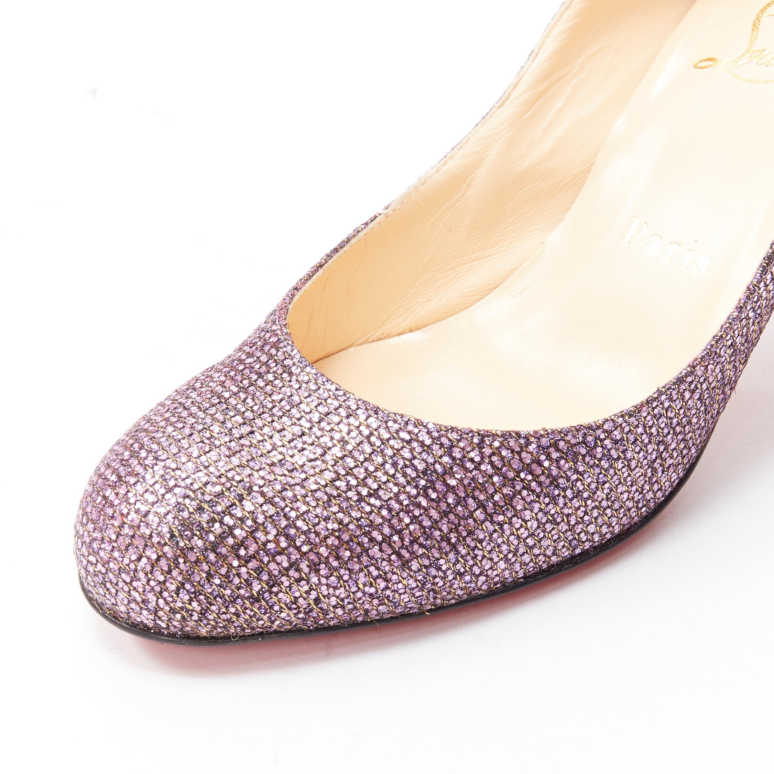 CHRISTIAN LOUOUTIN Fifi pink gold glitter round toe mid heel pump EU37.5 1
