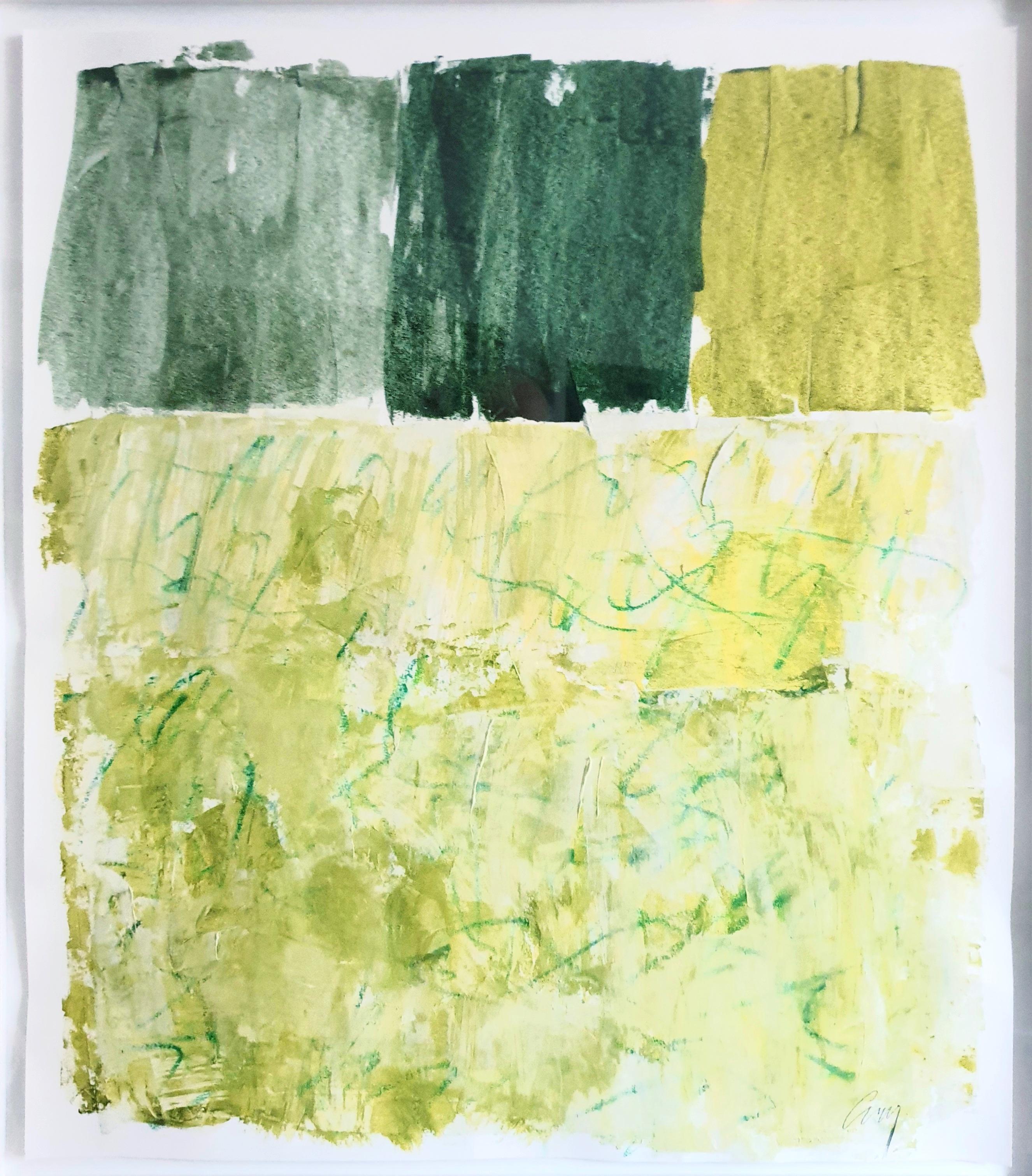 Christian Manoury  Abstract Painting - Spring. Contemporary Abstract Expressionist Acrylic in Green on Paper. 