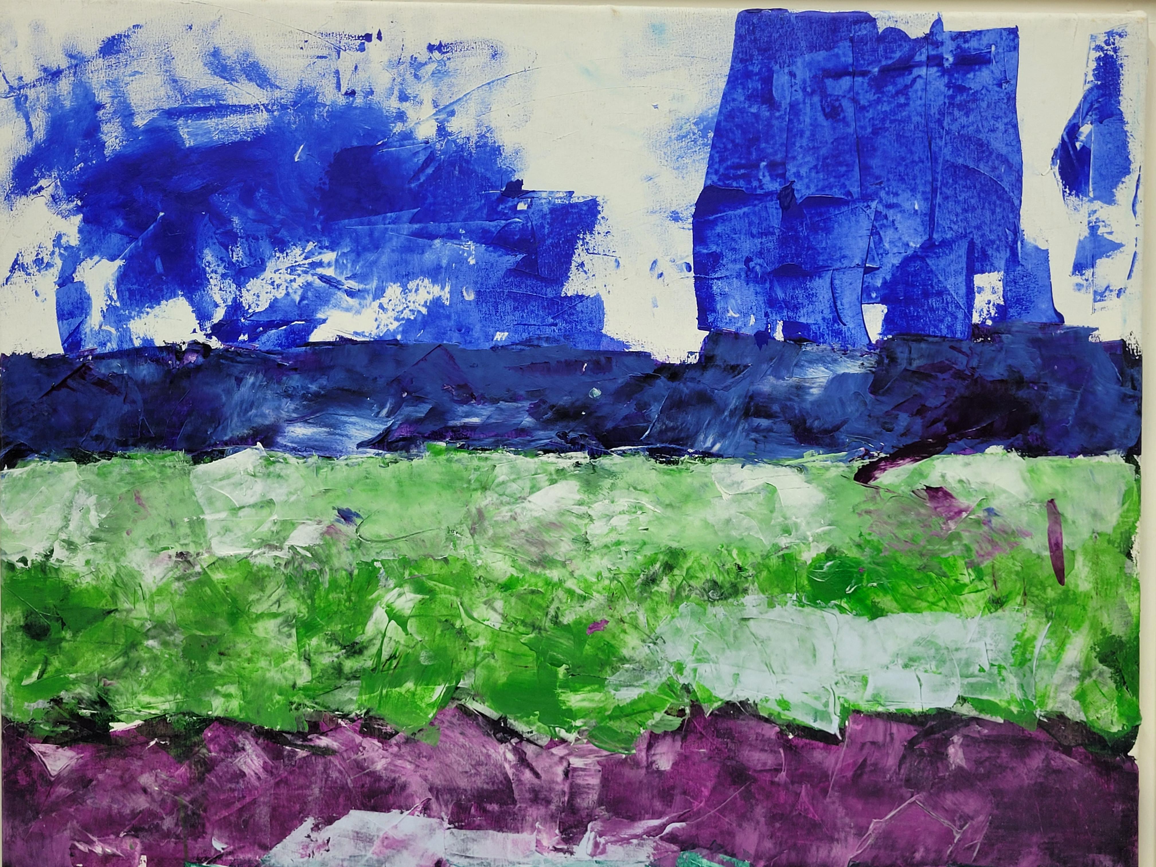 Acrilico su tela in stile espressionista astratto contemporaneo. Les Champs X. - Landscape Painting Grigio di Christian Manoury 