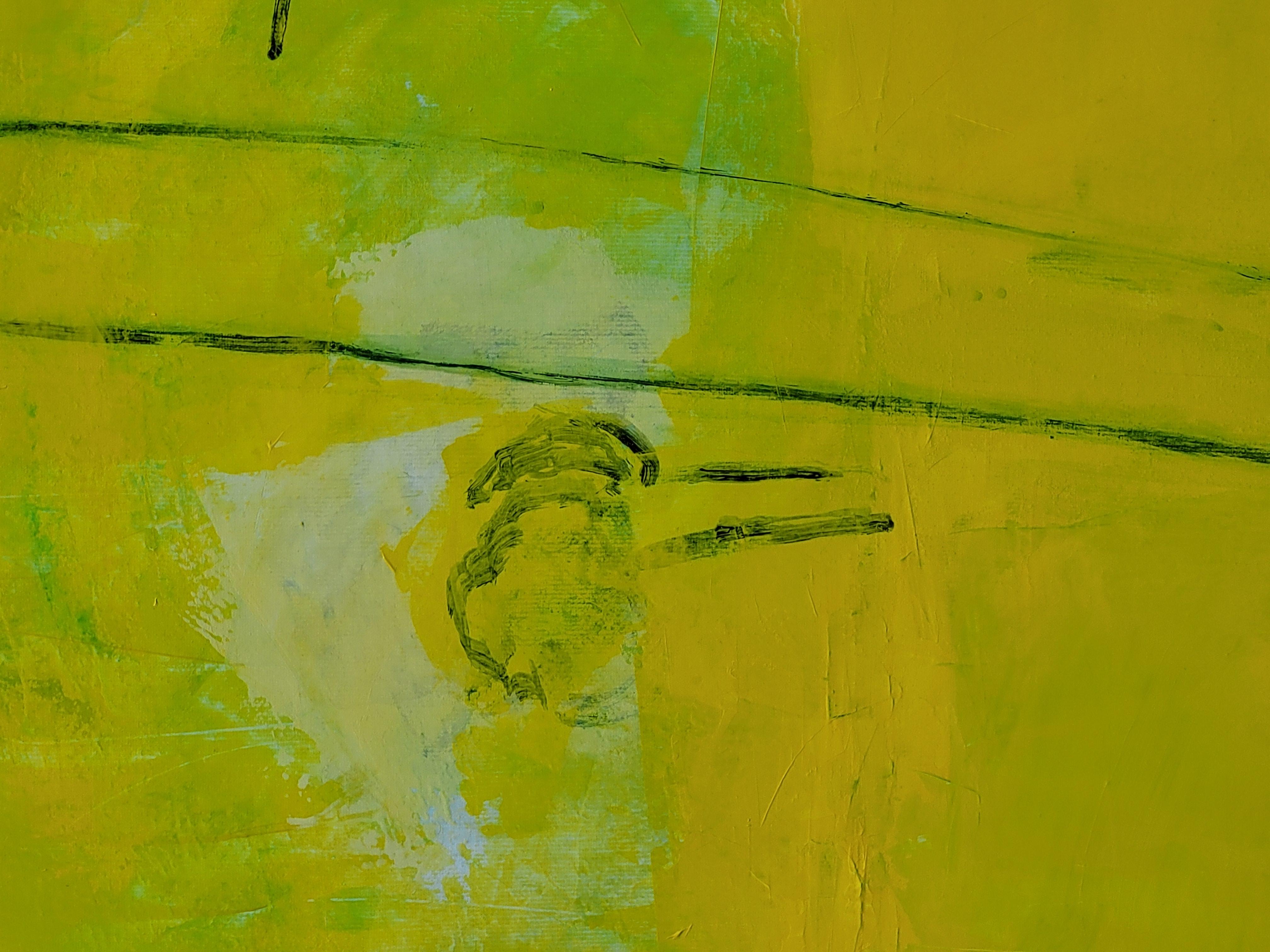Paesaggio a campiture di colore dell'Espressionismo Astratto Contemporaneo, Les Champs IV - Landscape Painting Giallo di Christian Manoury 