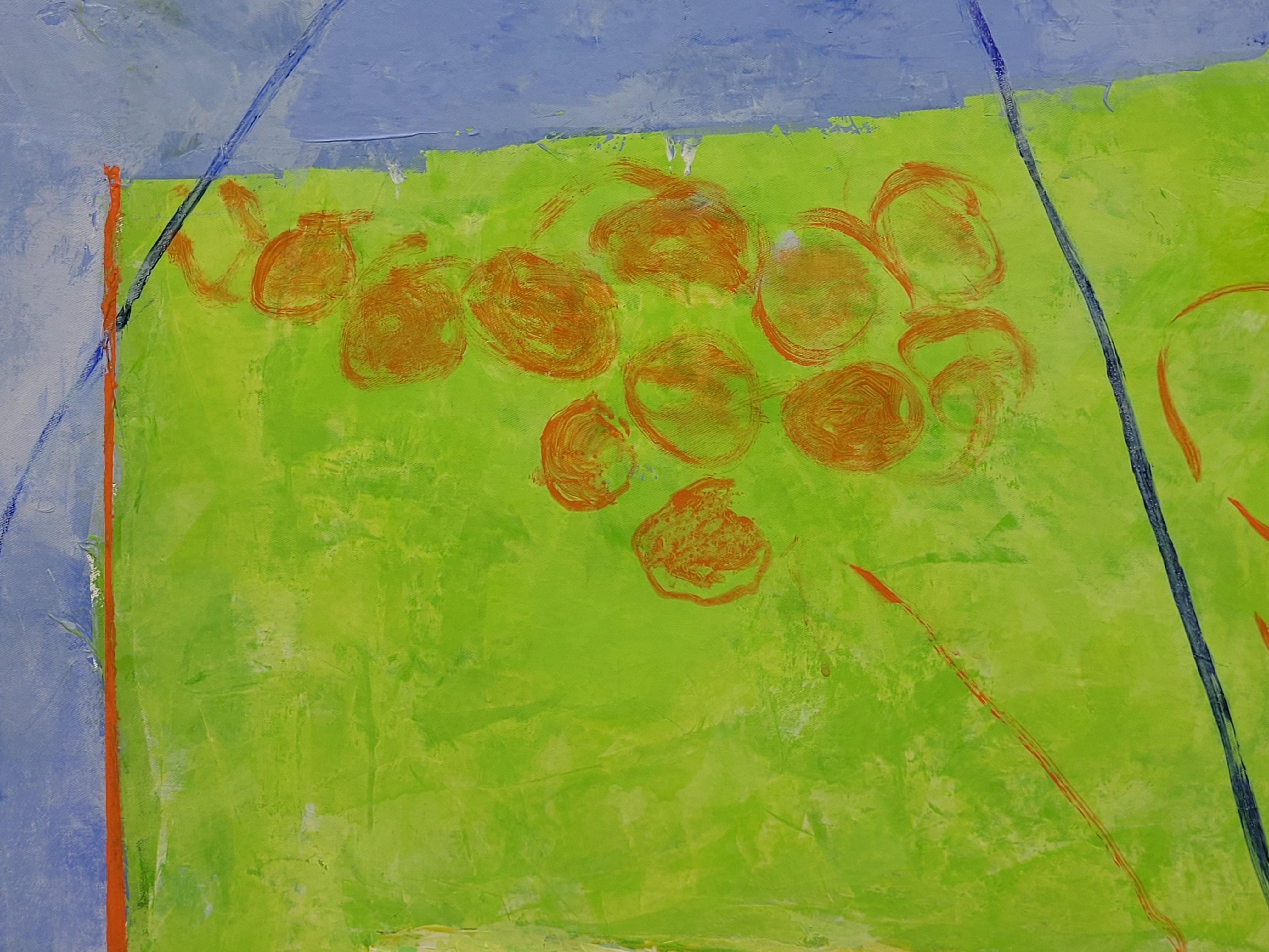 Opera contemporanea di espressionismo astratto con campiture di colore su tela,  Les Champs III - Landscape Painting Grigio di Christian Manoury 