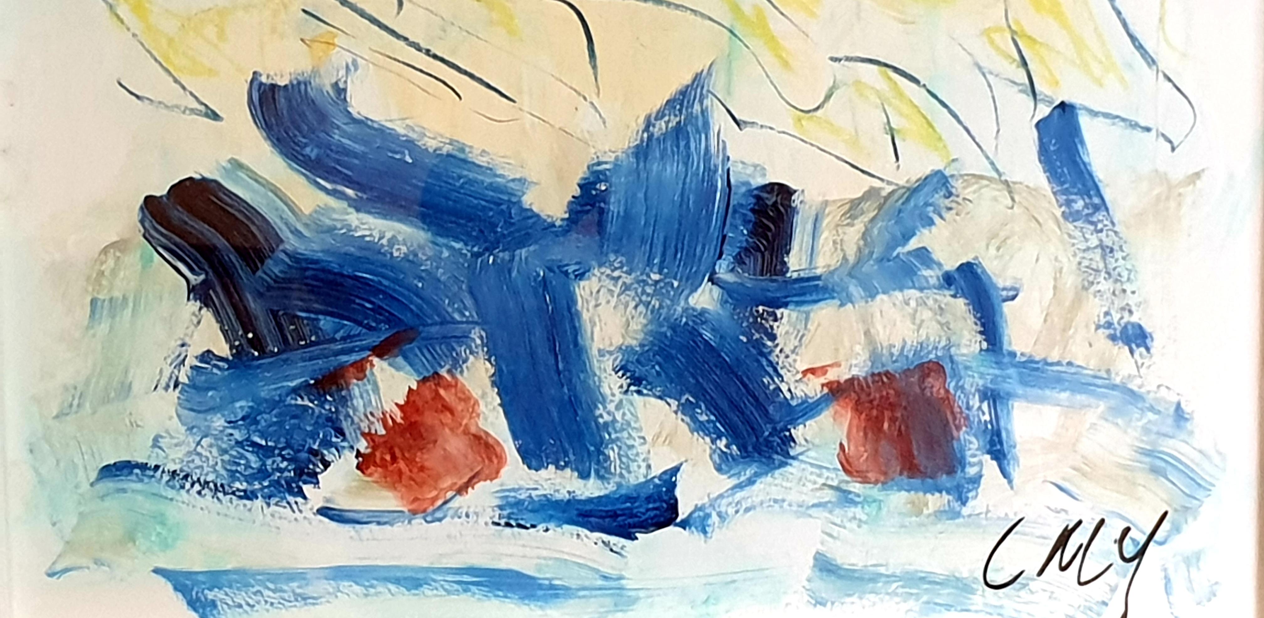 Contemporary Abstract Expressionist acrylic on paper by French artist Christian Manoury. Signed to the front and to the reverse and presented in a custom white case frame.

A beautifully ethereal painting which catches the light and changes