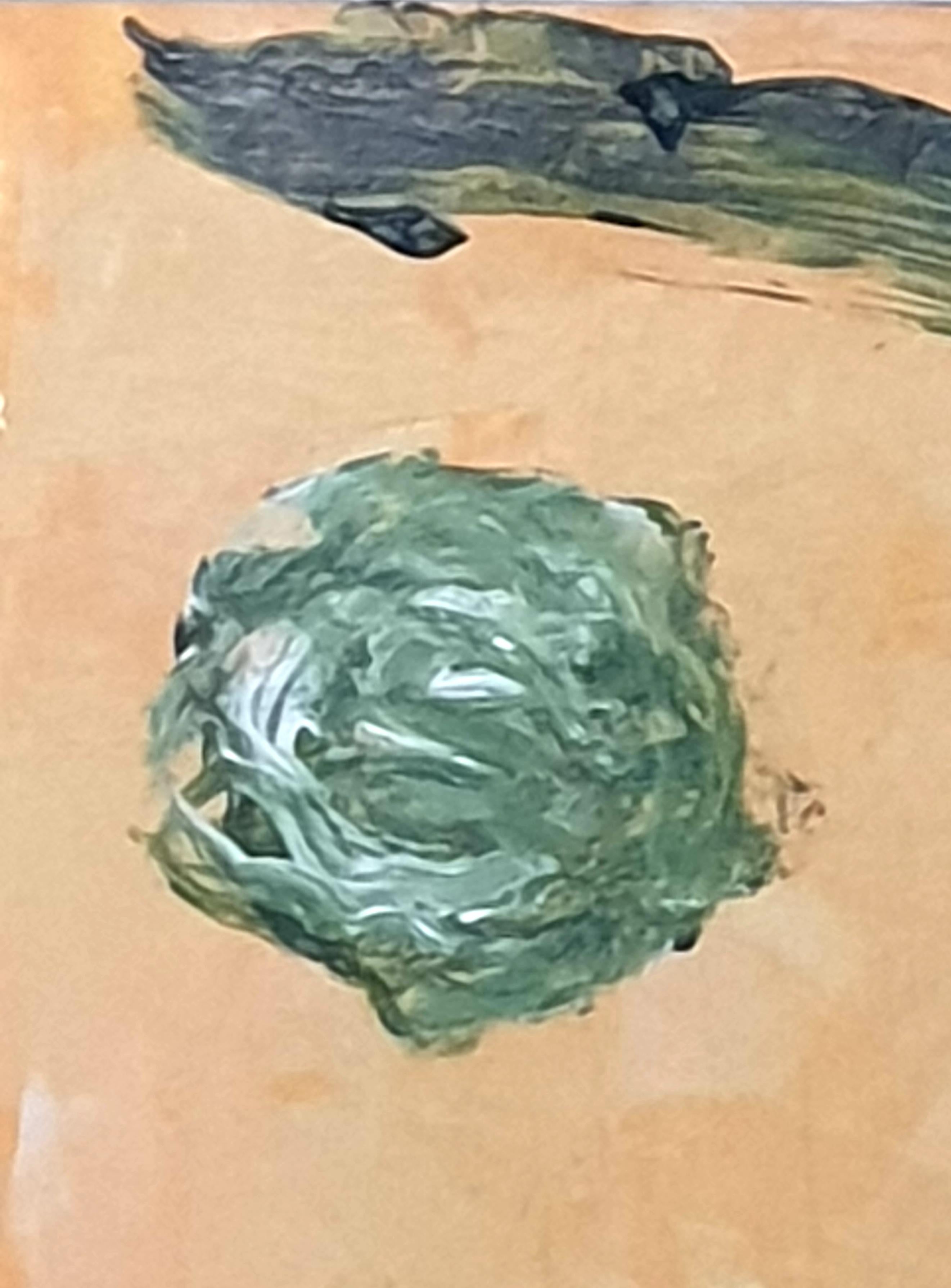 Contemporary abstract expressionist acrylic in green and peach of a landscape on paper by French artist Christian Manoury. Signed bottom right. Dated 2021 and signed to the reverse. Presented in a custom made white case frame.

A beautiful painting