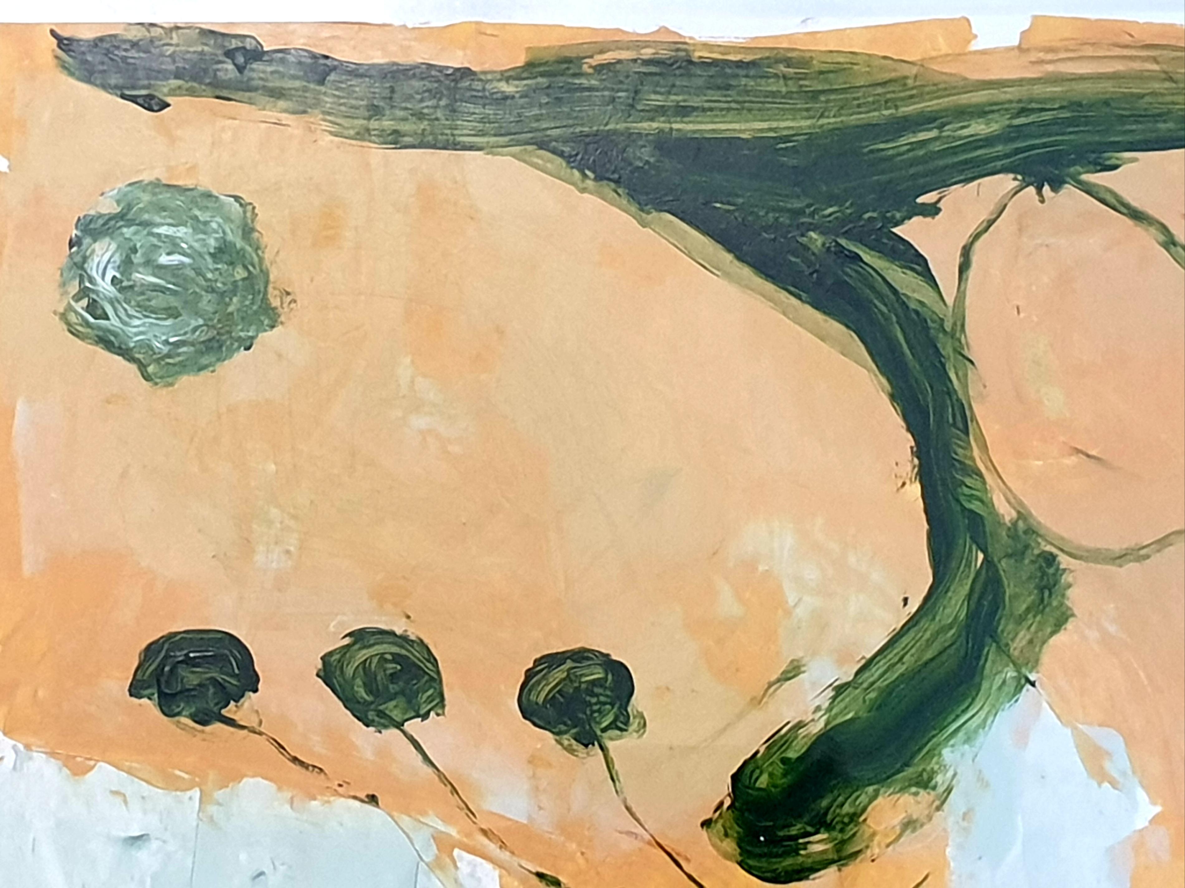 Contemporary abstract expressionist acrylic in green and peach of a landscape on paper by French artist Christian Manoury. Signed bottom right. Dated 2021 and signed to the reverse. Presented in a custom made white case frame under glass.

A