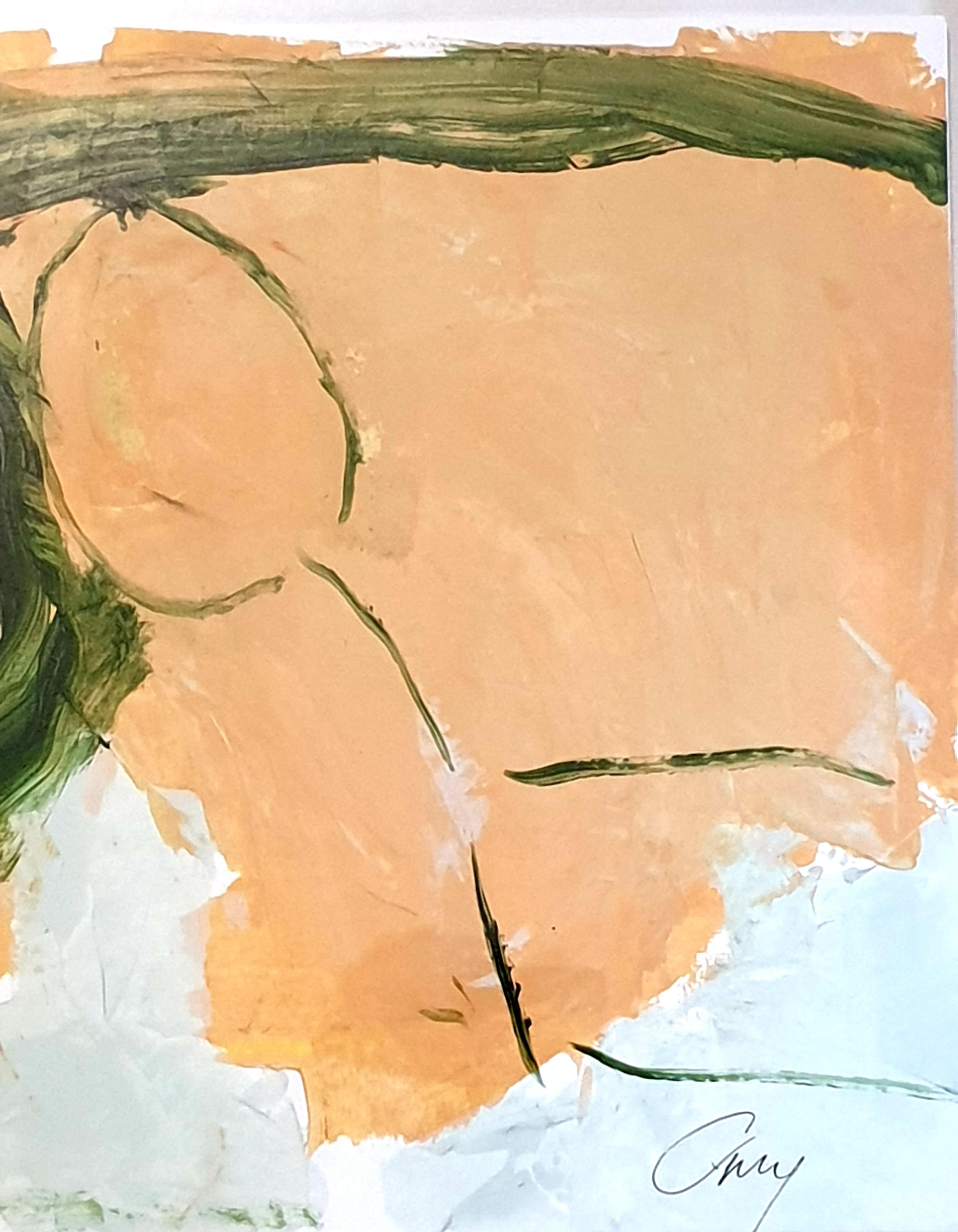 Zeitgenössisches abstraktes expressionistisches Acrylbild in Grün und Pfirsich einer Landschaft auf Papier des französischen Künstlers Christian Manoury. Signiert unten rechts. Datiert 2021 und auf der Rückseite signiert. Präsentiert in einem