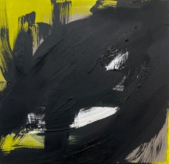 Peinture abstraite originale jaune, noire et blanche sur lin