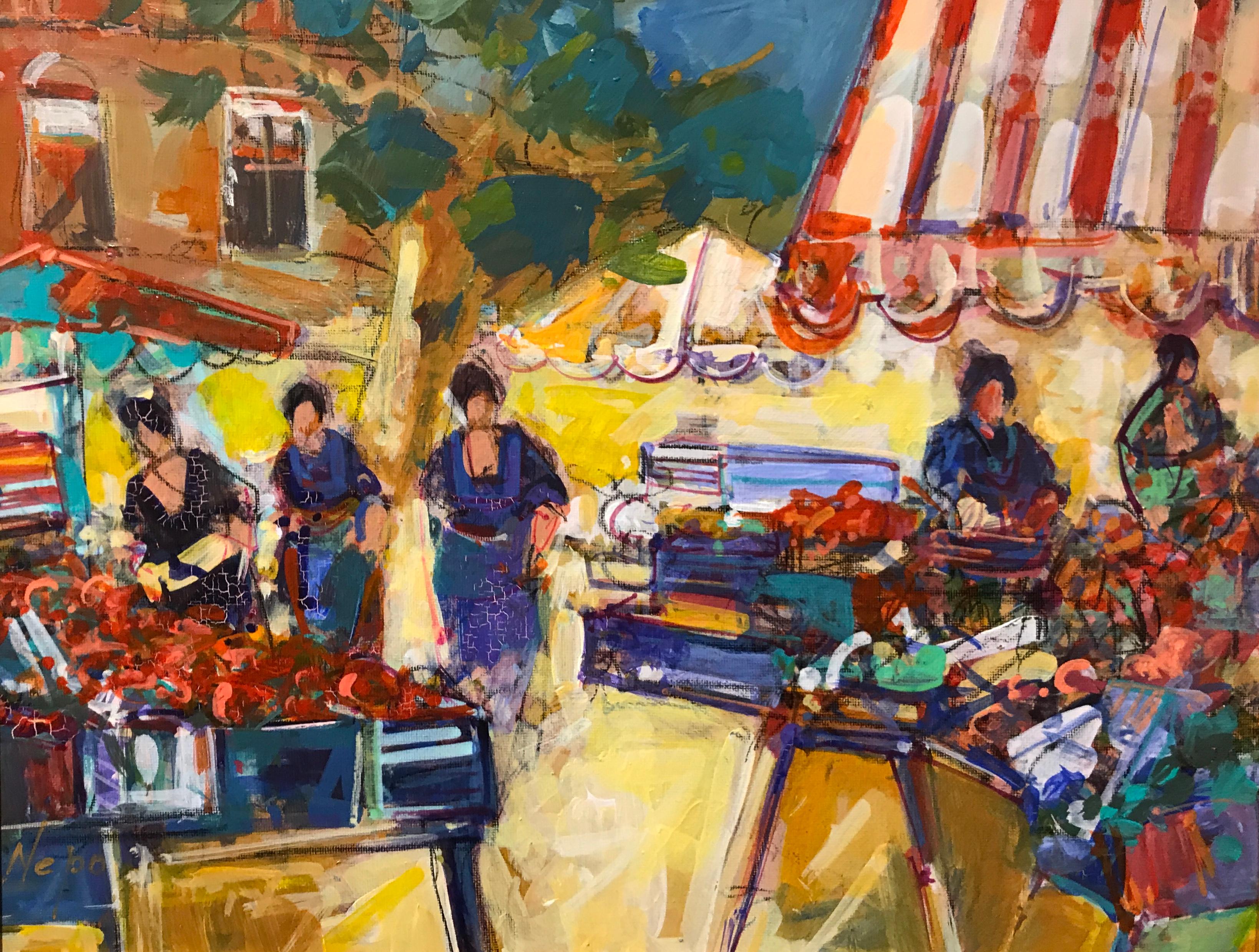 'Market with Striped Umbrella' is a small oil on canvas painting created by French artist Christian Nepo in the 21st century. Conceived a decade before his passing in 2016, the painting attracts our attention with its vibrant palette and joyous